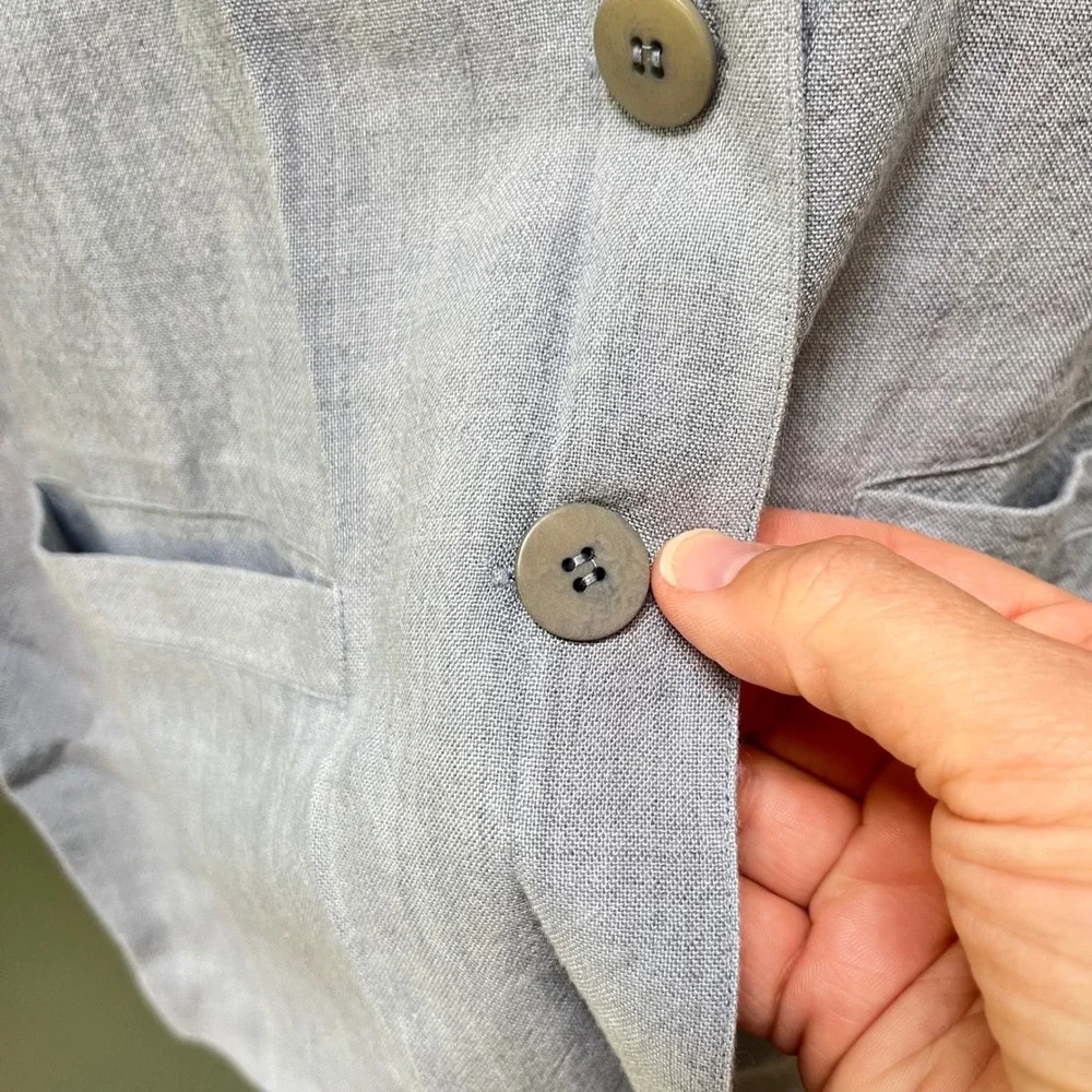 Eileen Fisher Blue Grey Linen Blend Button Front Relaxed Blazer Jacket Small